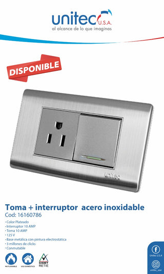 TOMA + INTERRUPTOR EN ACERO INOXIDABLE