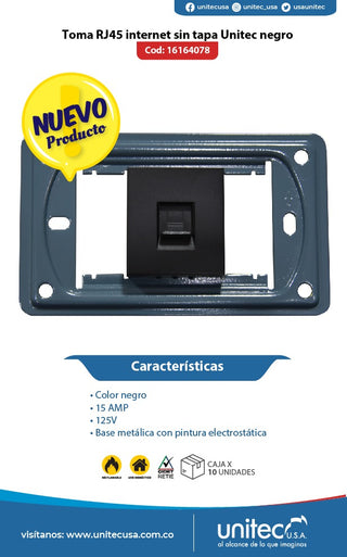 TOMA RJ45 INTERNET SIN TAPA COLOR NEGRO UNITEC